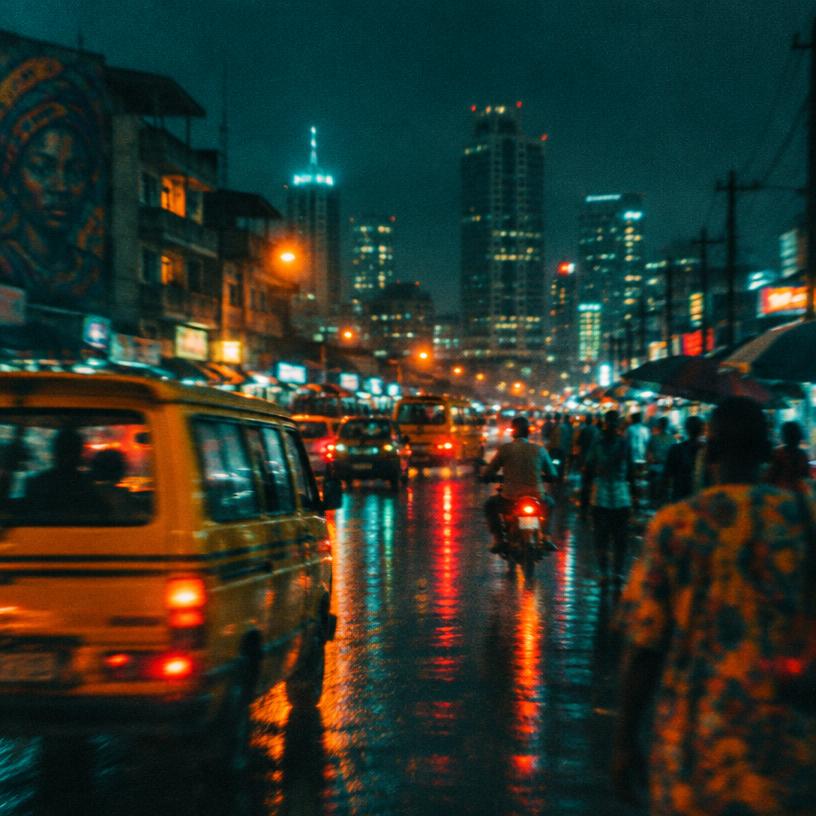 Una calle de Lagos de noche, mojada por la lluvia